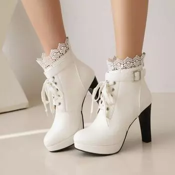 Лоскутные полые шнурки женские туфли Лолита на платформе квадратный каблук ботильоны с перекрестными шнурками милые детские ботильоны для вечеринки белые 41 42 6