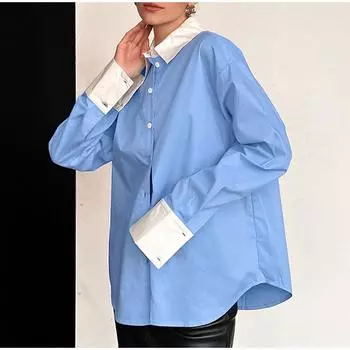 Лоскутные синие и белые рубашки с лацканами в уличном стиле для женщин, топы больших размеров с длинными рукавами, весна-лето 2025, однобортные женские блузки S синий
