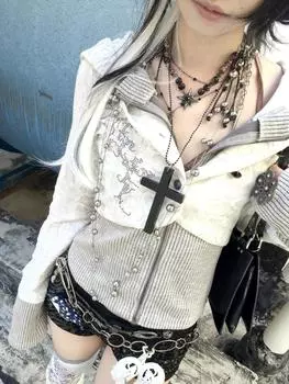 Лоскутные толстовки Женская одежда Длинные рукава Slim Fit с капюшоном Трикотажные толстовки Укороченные топы Толстовки Y2k S белый