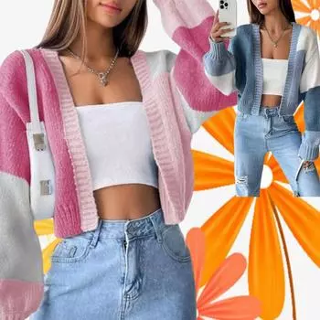 Лоскутный ретро оверсайз укороченный кардиган женский осень-зима модный длинный рукав вязаный свитер женский ажурный джемпер S синий