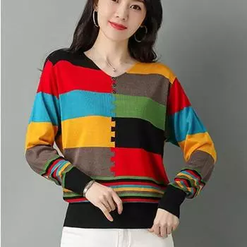Лоскутный вязаный пуловер с v-образным вырезом и длинными рукавами, модный весенне-осенний повседневный топ, универсальная тонкая женская одежда 3XL чёрный