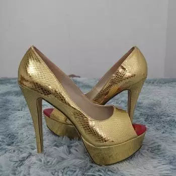 LOSLANDIFEN Женские туфли-лодочки Модные Сексуальные 14см Тонкий Высокий Каблук Открытый Носок Платформа Узор Крокодила Стилет Вечернее Платье Свадебные Туфли 35 золотой