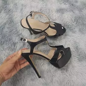 LOSLANDIFEN/женские сандалии, пикантные летние туфли на платформе с открытым носком и Т-образным ремешком, вечерние свадебные туфли из лакированной кожи на тонком высоком каблуке 14 см 35 чёрный