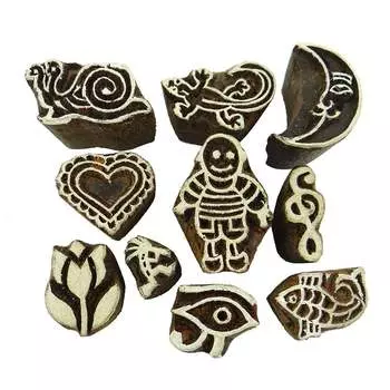 Лот из 10 шт. Этнический печатный блок, деревянный, ручной работы, текстильный штамп 1.5 L x 1 W коричневый