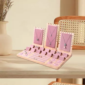 Лоток для хранения ювелирных изделий, подставка для ожерелья, деревянная витрина 15,3x9,2x9 дюймов, розовая для магазина