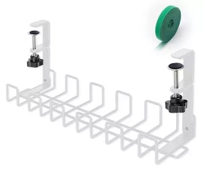 Лоток для кабелей под столом Держатель для кабелей Органайзер для кабелей Организация шнура Сборка не требуется Сверление не требуется Организация проводки зажимного типа Хранение проводов с белый