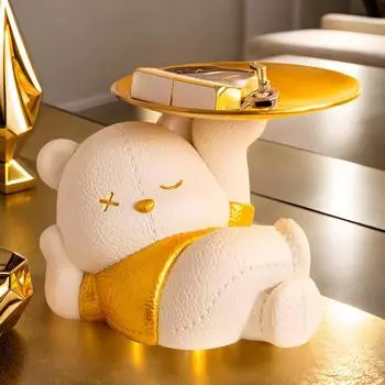 Лоток для ключей, симпатичная статуэтка медведя с тарелкой, декоративный поднос, подходящий для украшения входной гостиной, домашнего рабочего стола серый