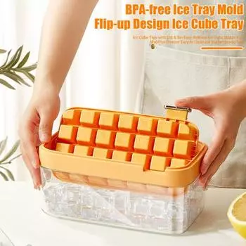 Лоток для кубиков льда с крышкой и контейнером. Легкосъемная форма для приготовления кубиков льда. бежевый