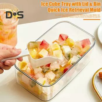 Лоток для кубиков льда с крышкой и контейнером, легкосъемная форма для приготовления кубиков льда для морозильника, набор совков для льда, которые легко чистить зелёный