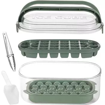 Лоток для кубиков льда с крышкой и контейнером Многоразовый генератор ледяных шариков, 2-слойный, штабелируемый Green A-Soft bottom tray
