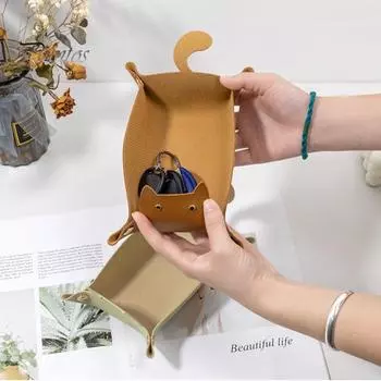 Лоток из искусственной кожи с милым котом, складная металлическая пряжка, водонепроницаемый большой вместительный настольный органайзер для монет, ключей, ткани, органайзер для хранения наушников, держатель кофейный