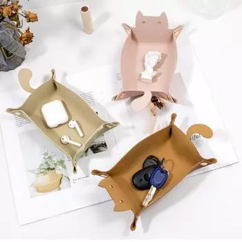Лоток из искусственной кожи с милым котом, складная металлическая пряжка, водонепроницаемый большой вместительный настольный органайзер для монет, ключей, ткани, органайзер для хранения наушников, держатель розовый