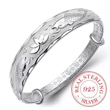 Лотос Карп Счастливый Браслет Из Стерлингового Серебра 925 Пробы Для Женщин Роскошные Свадебные Модные Ювелирные Изделия Манжеты Девушка Дамы Подарок На Помолвку