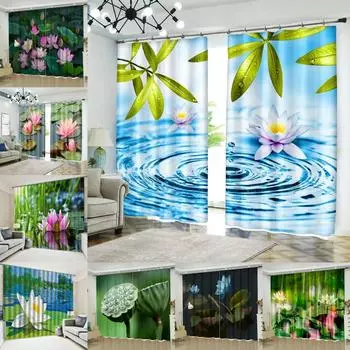 Лотос Зеленый Цветок Лотоса Печатный Шторка для Спальни Гостиной От пола до потолка Окно Кухни Жалюзи Люверсы Верхние Шторы 100W130H(CM)40x51in&Grommet Top