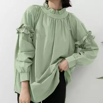 Lotte Летняя быстросохнущая свободная однотонная блузка элегантная офисная рубашка с полувысоким воротником и длинным рукавом женская рубашка One Size темно-зеленого