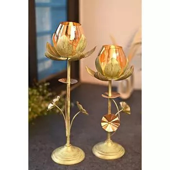 Lotus Candle Holder with 2 Glass | Dining Table Decorative Items | House Warming Gifts for New Home | Decorations Items for Home (Green Gold)