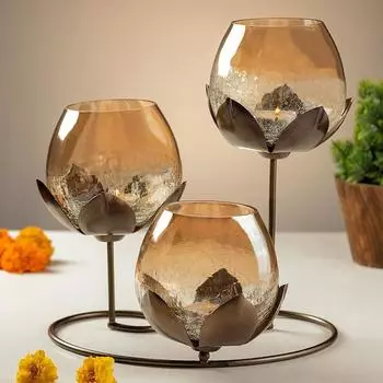 Lotus Candle Holder with 3 Glass | Dining Table Decorative Items | House Warming Gifts for New Home | Decorations Items for Home (Antique)