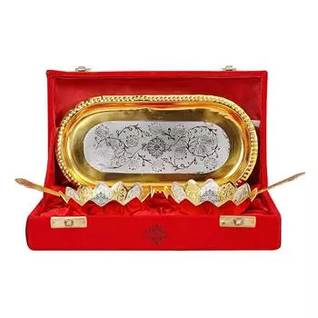 Lotus Design Silver & Gold Plated Set of 2 Bowl with 2 Spoon & 1 Tray, Serveware Tableware Diwali Gift Set 300 ml