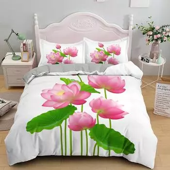 Lotus Duvet Cover Set Pink Flowers and Green Leaves Polyester Comforter Cover King Queen Size for Kids Girls Women Bedding Set 70x133cm 2pcs
