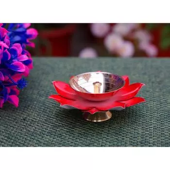 Lotus Flower Shaped Diya - Pack of 4 | Pure Brass Metal Made Metal Diya in Beautful Golden and Red Finish | Ideal for Home, , & Temple Madnir Use