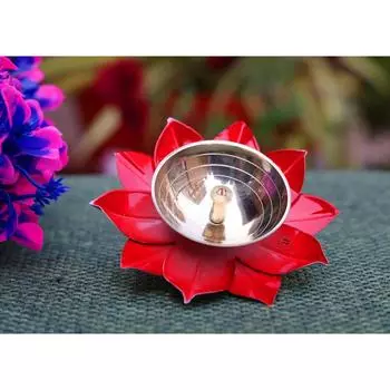Lotus Flower Shaped Diya - Pack of 6 | Pure Brass Metal Made Metal Diya in Beautful Golden and Red Finish | Ideal for Home, , & Temple Madnir Use