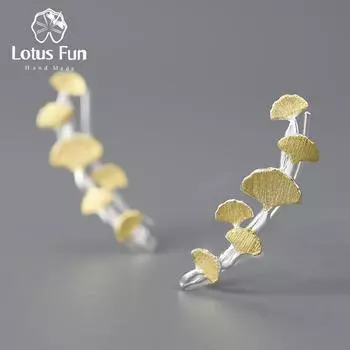 Lotus Fun 18-каратного золота, нежные листья гинкго, длинные ветки серьги-гвоздики для женщин, настоящее серебро 925 пробы, роскошные качественные ювелирные изделия