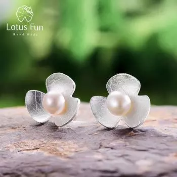 Lotus Fun Настоящее серебро 925 пробы натуральный жемчуг ручная работа ювелирные изделия милые серьги-гвоздики в виде свежего клевера для женщин Brincos золотой