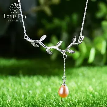 Lotus Fun Настоящее серебро 925 пробы натуральный жемчуг ювелирные изделия капли воды из листьев оливы ожерелье с кулоном для женщин 42cm