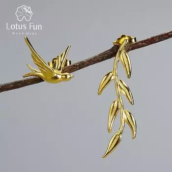 Lotus Fun Роскошные 18-каратного золота Ласточка Ветка ивы Асимметричные необычные висячие серьги для женщин Ювелирные изделия из стерлингового серебра 925 пробы