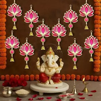 Lotus Hangings for Decoration, Pack of 10, Color - Pink | Door/Wall Decor, Mandir Pooja Room, Temple Decor, Export Quality |