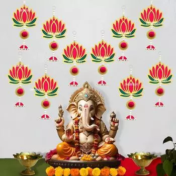 Lotus Hangings with Jhumki for Decoration, Pack of 10 | Door/Wall Decor, Mandir Pooja Room, Temple Decor, Export Quality | Size - 8 Inch |