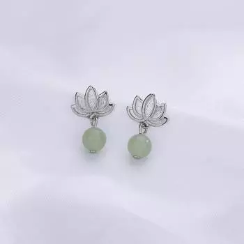 Lotus Hetian Jade Earrings, Chinese Design Sense, Retro Fashion Temperament, Ancient Hanfu Jewelry, Water Lily Lotus Earrings Copper (with ear plugs)
