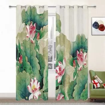 Lotus High Shading Curtains for Living Room Landscpe Blackout Window Drape for The Bedroom Aesthetic Room Scenery Curtain New W55 X H120cm X 2&HOOK