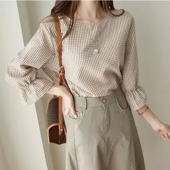 Lotus Leaf Sleeves Thousand Bird Grid T Shirt Round Neck Casual Top Women s Mid Sleeve Tailcoat Blouse M чёрный