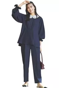 Louet 2WAY Lace Collar Peplum Tops Tapered Pants Setup Mom Formal Pants Suit Pants Dress Pants Long Sleeve Large Size Ceremony Party Wedding LL Navy