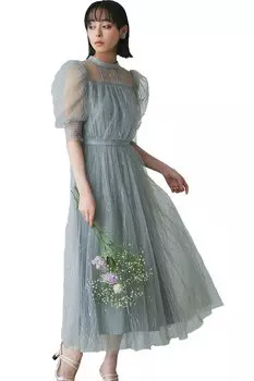 Louet Dot Tulle Gathered Flare Long Dress Dress Mom Formal Lace Large Size Party Dress Party Dress Ceremony Wedding Party LL Mint [Louis Boutique]