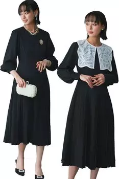 Louet Lace Attached Collar Pleated Dress Dress Casual Formal Long Sleeve Large Size Lace Collar Lace Collar Mix and Match Ceremony L Black [Louis