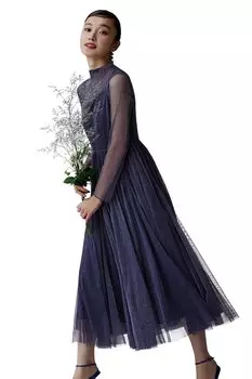 Louet Lame Tulle Mellow Цельное платье для больших вечеринок, вечеринок, вечеринок, вечеринок, размер L, темно-синий [Louis Boutique] Женщины, Миссис, Мама, Официально, Размер, Рукав, Платье,