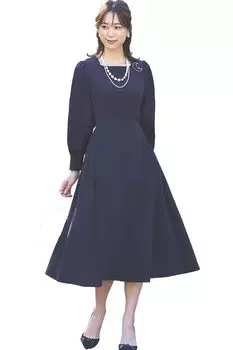 Louet Tucked Flare Square Neck Dress Dress Long Large Commuting M Navy [Louis Boutique] Women, Mrs., Mom, Formal, Casual, Sleeve, Long, Size,