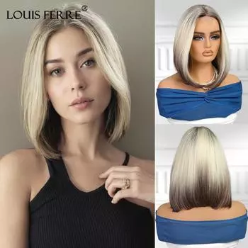 LOUIS FERRE 1*4 кружевные синтетические парики короткий боб с омбре топ от темно-черного до смешанного коричневого парик волосы для девочек на каждый день для вечеринок термостойкие на каждый день