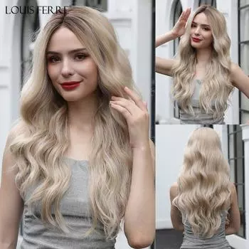 LOUIS FERRE Blonde 13*4 Синтетические парики спереди для женщин Длинные волнистые парики средней части на шнуровке Ежедневный косплей Высокотемпературные волосы
