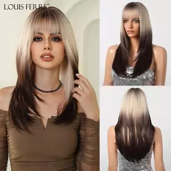 LOUIS FERRE Блондинка с омбре, черные парики для женщин, длинные прямые многослойные парики с челкой, термостойкое волокно, синтетический парик на каждый день