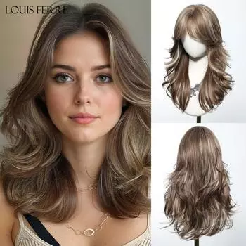 LOUIS FERRE Коричневый с блондинистыми прядями синтетические парики с боковой челкой длинные волнистые многослойные волосы парики для женщин ежедневный косплей парик