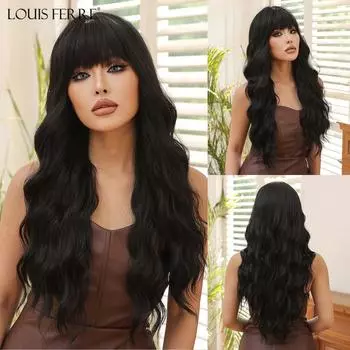 LOUIS FERRE, черные волнистые синтетические парики для женщин, натуральные длинные волосы с челкой, парик из термостойкого волокна для ежедневного использования