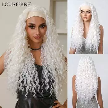 LOUIS FERRE Чисто белые странные вьющиеся парики с повязкой на голову для женщин Длинные волнистые вьющиеся синтетические волосы для ежедневного использования Термостойкий парик с зажимом