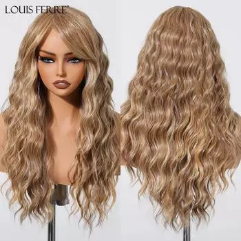 LOUIS FERRE Длинные светлые синтетические парики светло-коричневые светлые пряди волнистые вьющиеся парики с челкой женские волосы боковая часть ежедневная вечеринка
