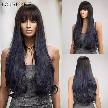 LOUIS FERRE Длинные волны Ombre Черный Синий Парики с Челкой для Чернокожих Женщин Натуральный Синтетический Парик Вечерние Ежедневные Жаропрочные Парики