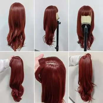LOUIS FERRE Длинный винно-красный синтетический парик Натуральная волна Женский парик с челкой Косплей Вечерние рыжие волосы Парик из термостойкого волокна