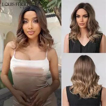 LOUIS FERRE Длиной до плеч, медово-коричневый синтетический парик, натуральный золотисто-коричневый, пушистый волнистый парик для женщин, ежедневное использование, высокая температура