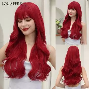 LOUIS FERRE, красный синтетический парик, длинный волнистый парик из натуральных волос с челкой для женщин, повседневные волосы, парик из термостойкого волокна